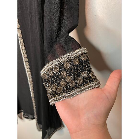 Mark & John Gopal Black Jewel Sheer Beaded Sparkle Evening Silk Long Duster L - Picture 9 of 10